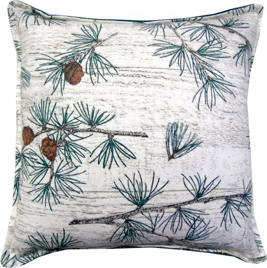 Pine branches on a birch tree design on a white pillow