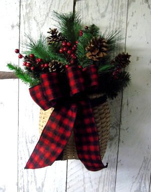 A basket with a plaid ribbon