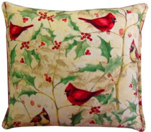 Pillow, cardinal birds on holly design