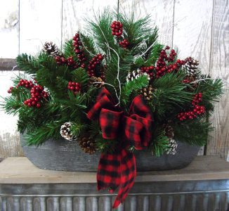 A centerpiece with a plaid ribbon
