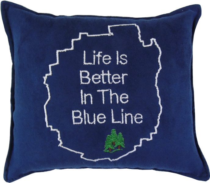 Blue pillow with the text, “Life is better in the blue line.”