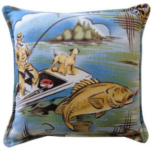 A pillow with a fisherman on a boat design