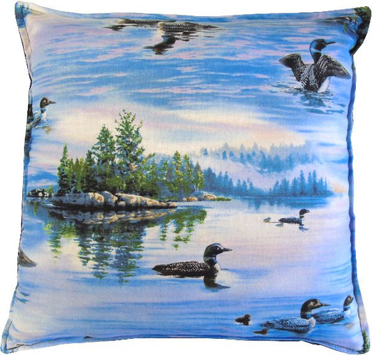 A pillow with a design of a loon swimming in water (1)