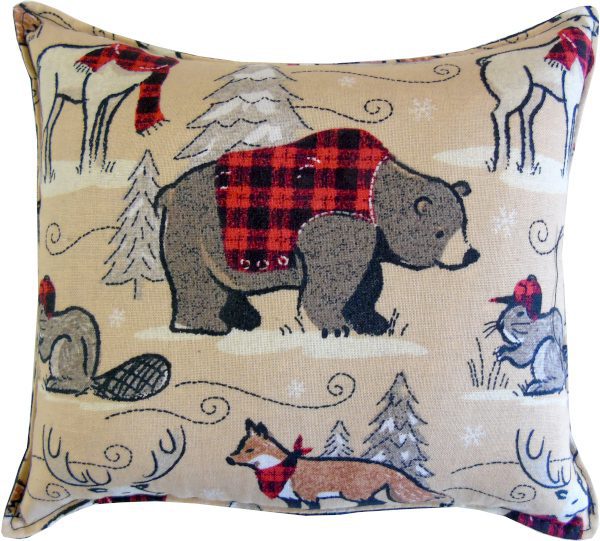 Pillow with bear and other woodland animals in plaid